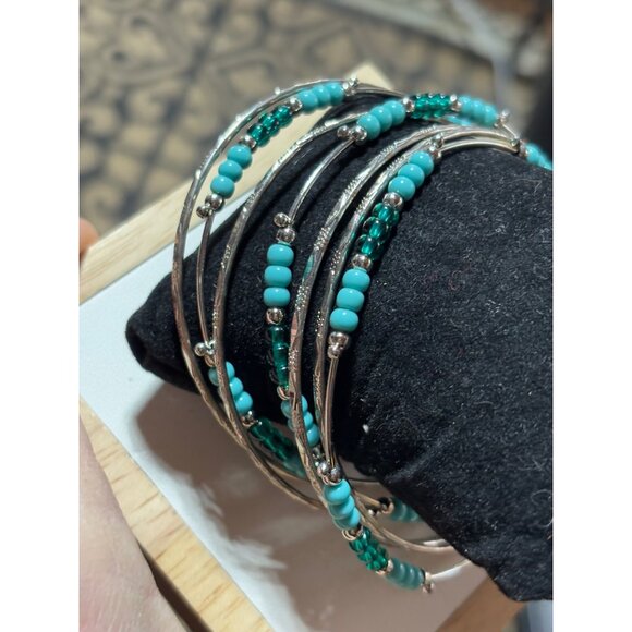 Silver & Turquoise Beaded Bangle Bracelets Set Of 6 - Picture 5 of 5